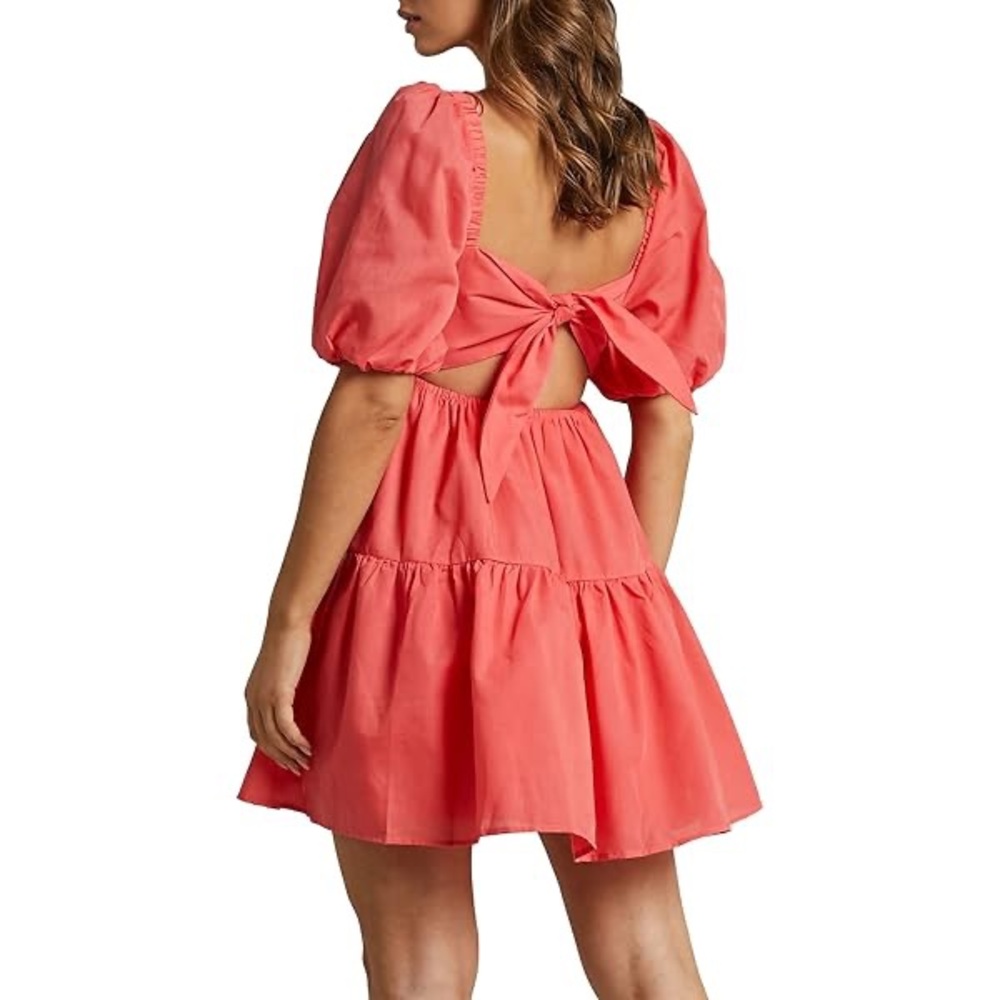 SHORE Coral Backless Puff Sleeve Dress